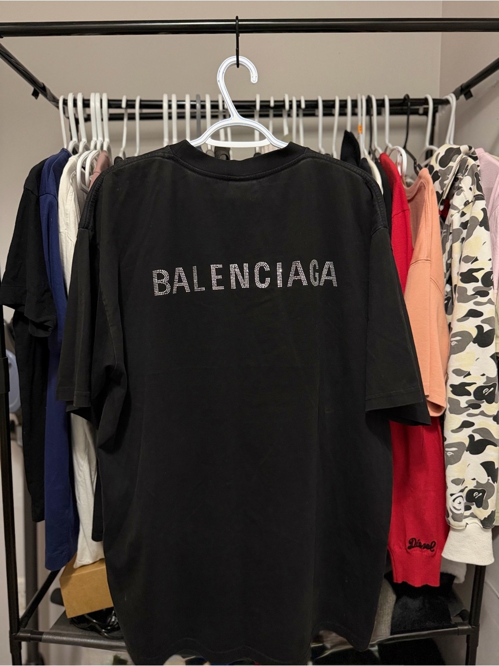 Balenciaga Distressed Rhinestone-Logo T-Shirt